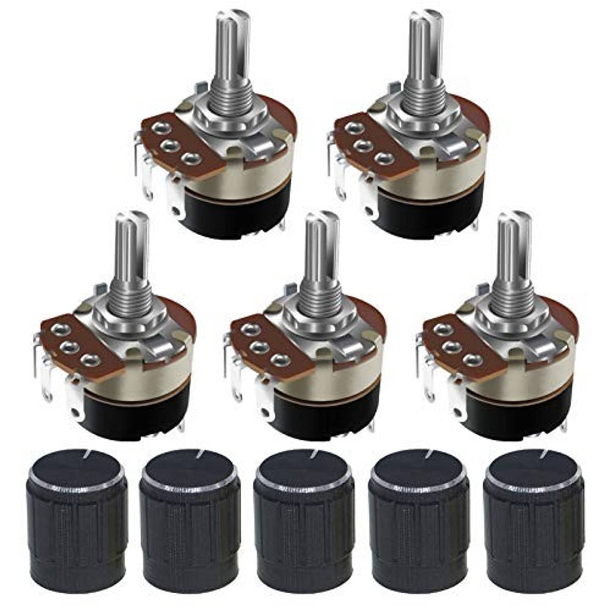 Five-pack rotary potentiometers with switch; metal shafts and black adjustment caps