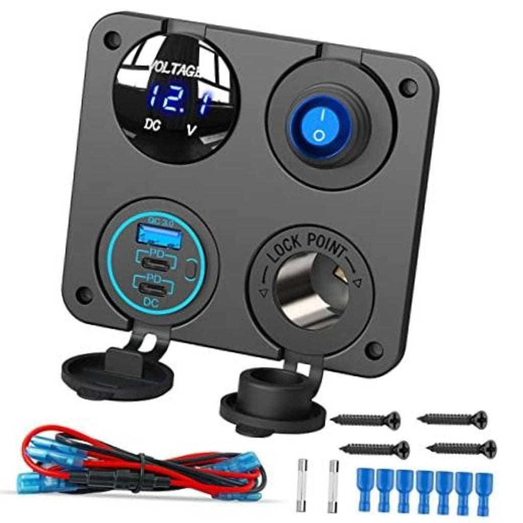Car 12V USB charger panel with voltmeter, USB and DC sockets, blue LED ring