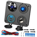 Car 12V USB charger panel with voltmeter, USB and DC sockets, blue LED ring