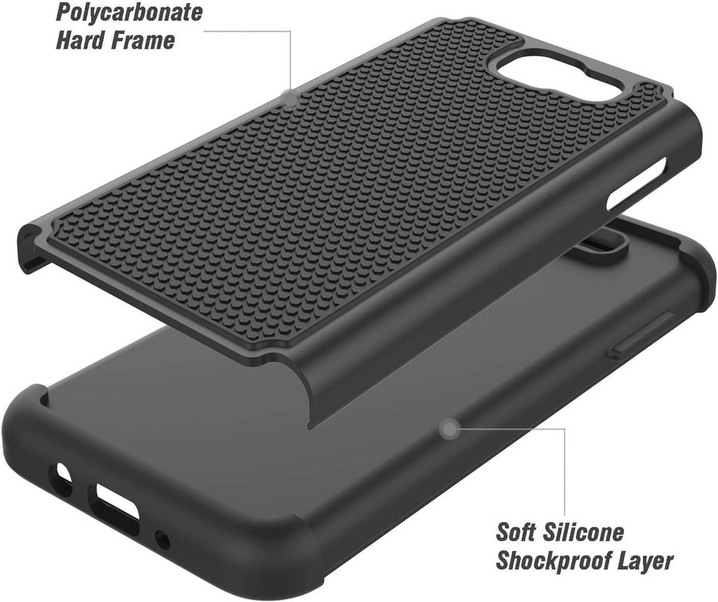 Shockproof phone case in dark gray with textured surface and cutouts for buttons