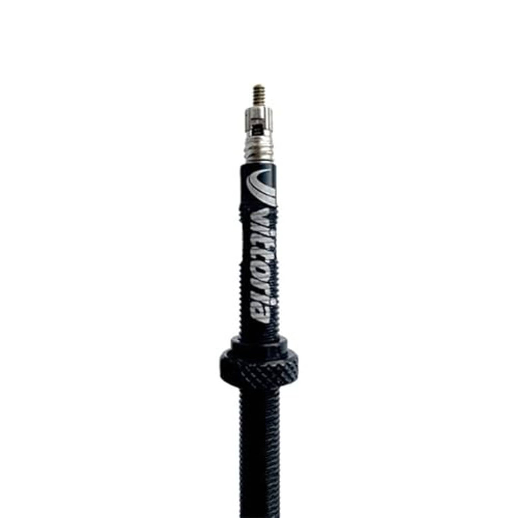 Close-up of black tubeless valve stem with threaded metal core