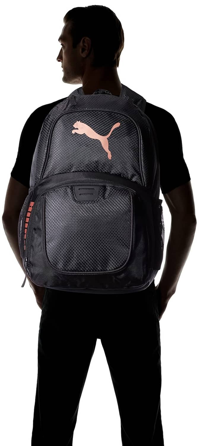 Puma Contender backpack worn, black with Puma logo and front mesh pocket
