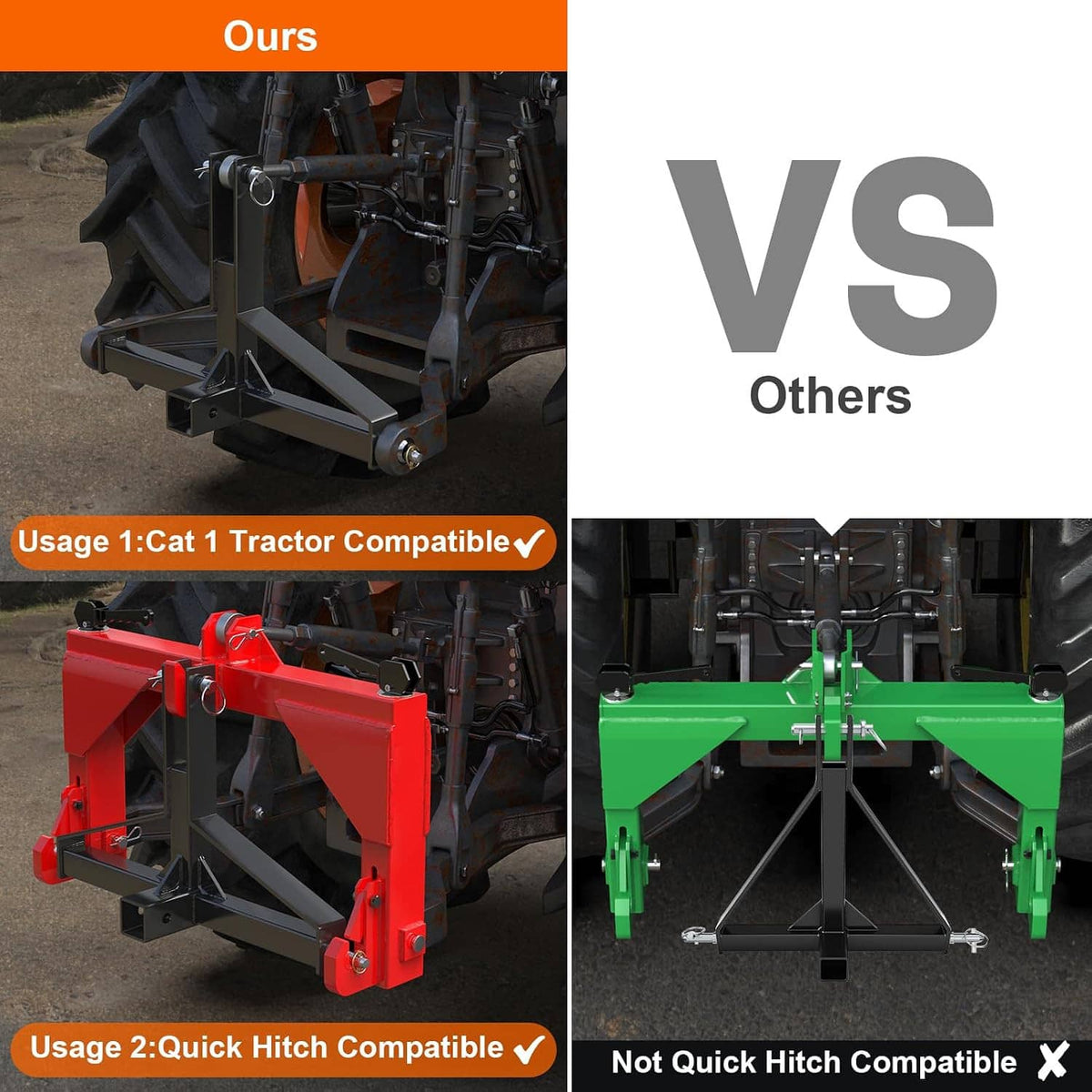 3-point hitch receiver quick hitch frame on tractor with front tow bar and mounting plates