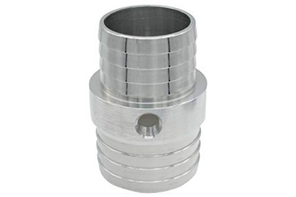 Silver radiator hose barb coupler end view with circular bore and small 1/8" NPT port.