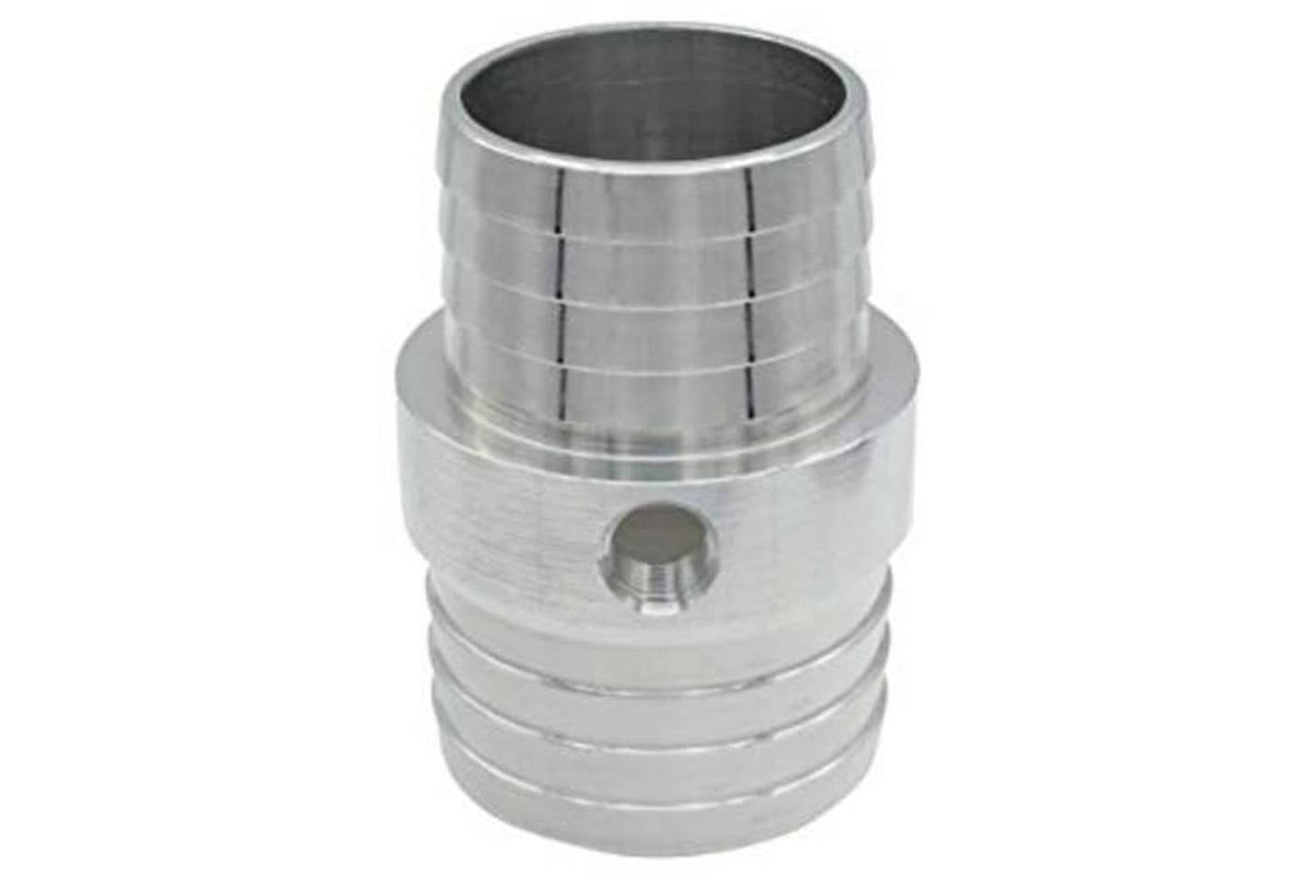 Silver radiator hose barb coupler end view with circular bore and small 1/8" NPT port.