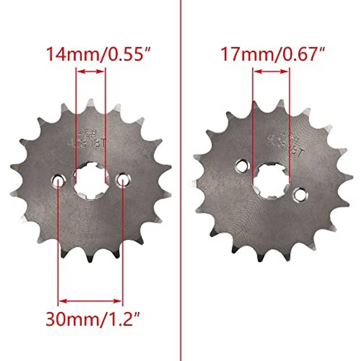 Motorcycle front sprocket 428-18T with 17mm bore; labeled 14mm and 30mm size
