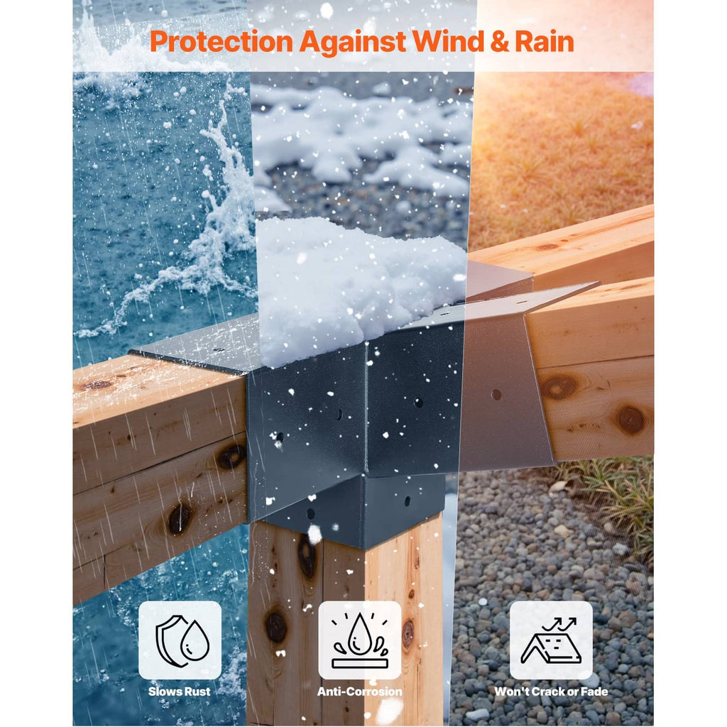 Black slanted pergola bracket with protective coating, shown at beam corners with bolt holes