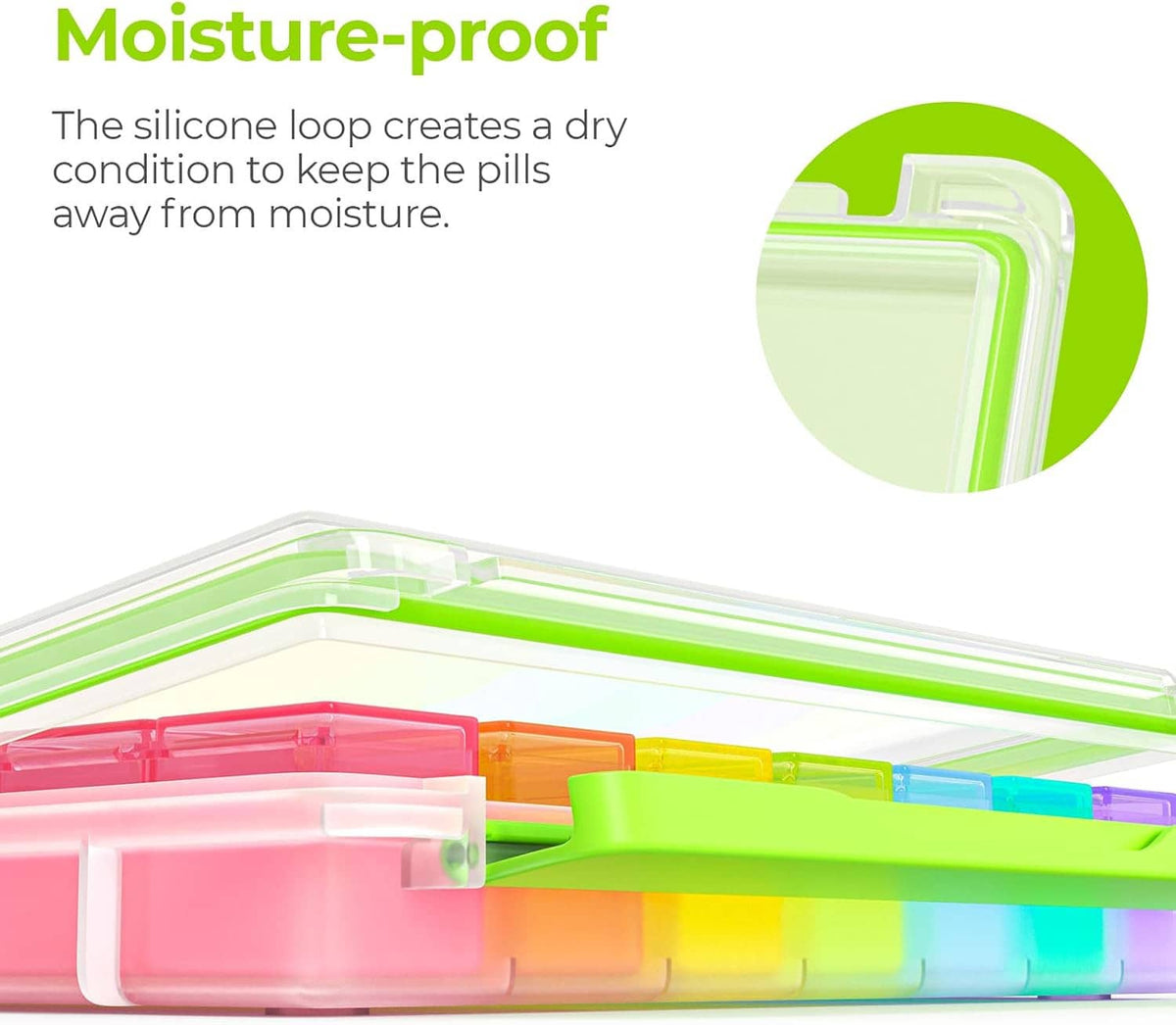 Green large weekly pill organizer with silicone loop and transparent hinged lid for moisture protection