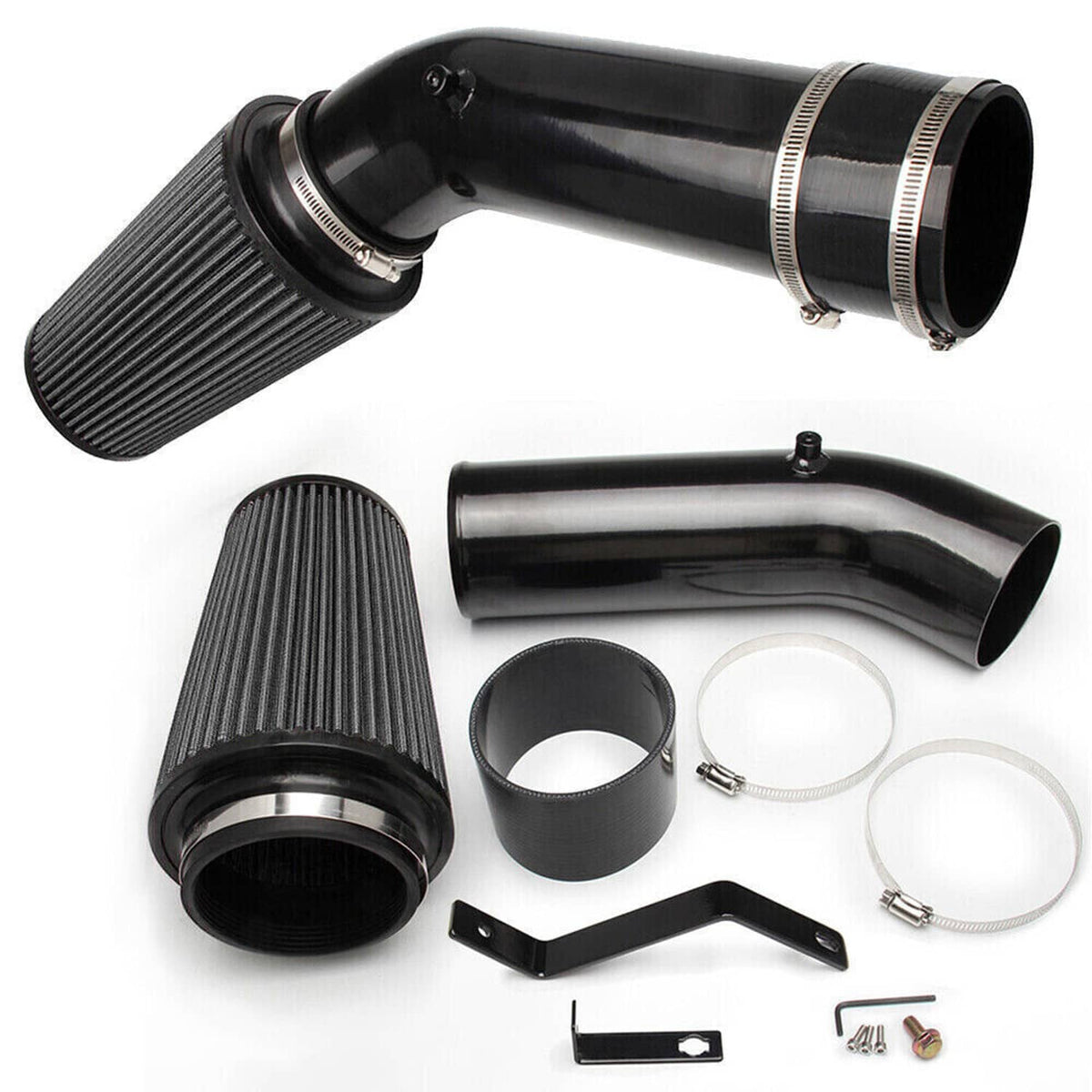 Black cold air intake tube and cone filter kit with hoses, clamps, and brackets