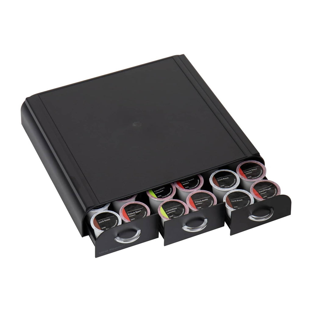 Black coffee pod organizer lid open, showing three front drawer compartments with pods