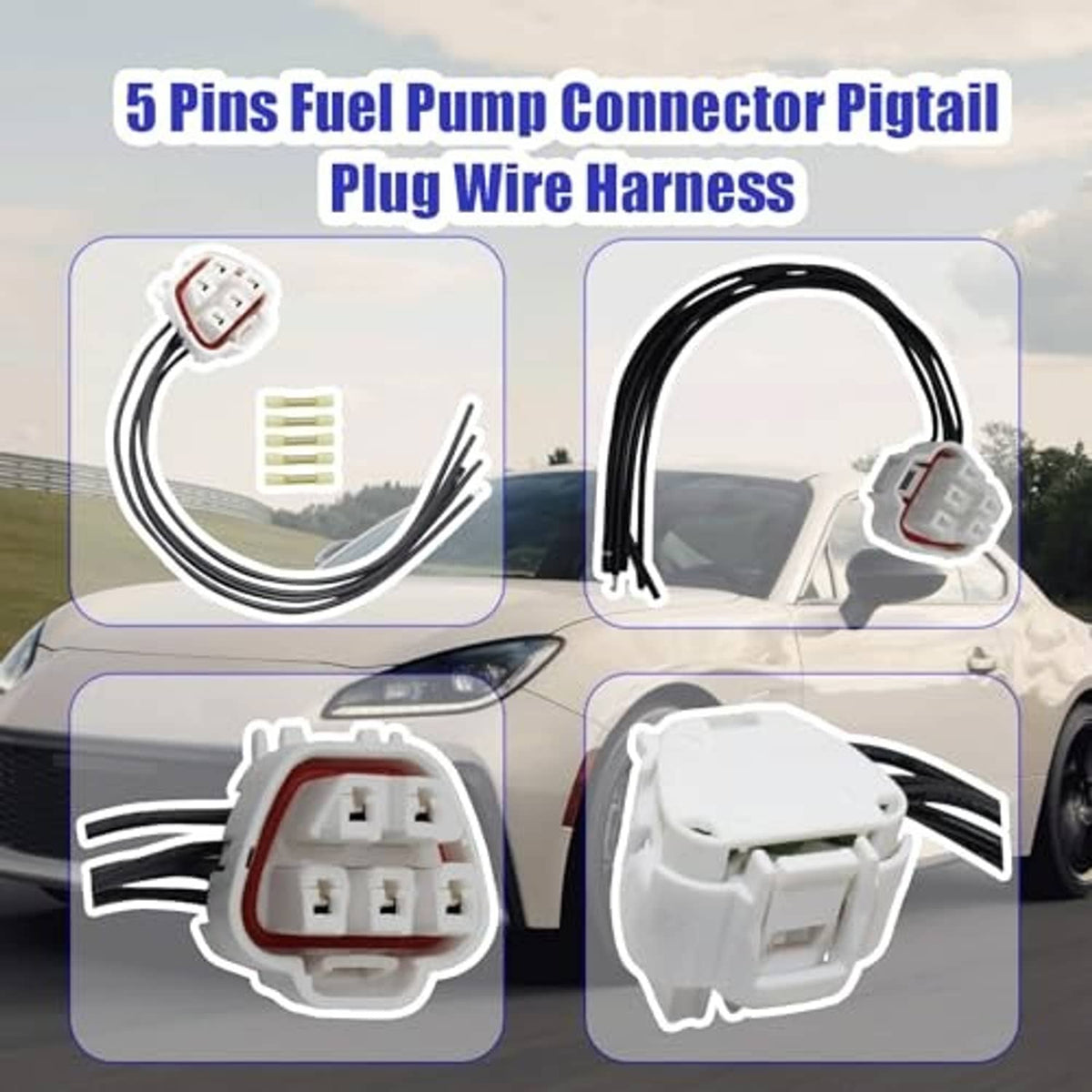 5-pin fuel pump connector pigtail plug wire harness with white connector, black wiring