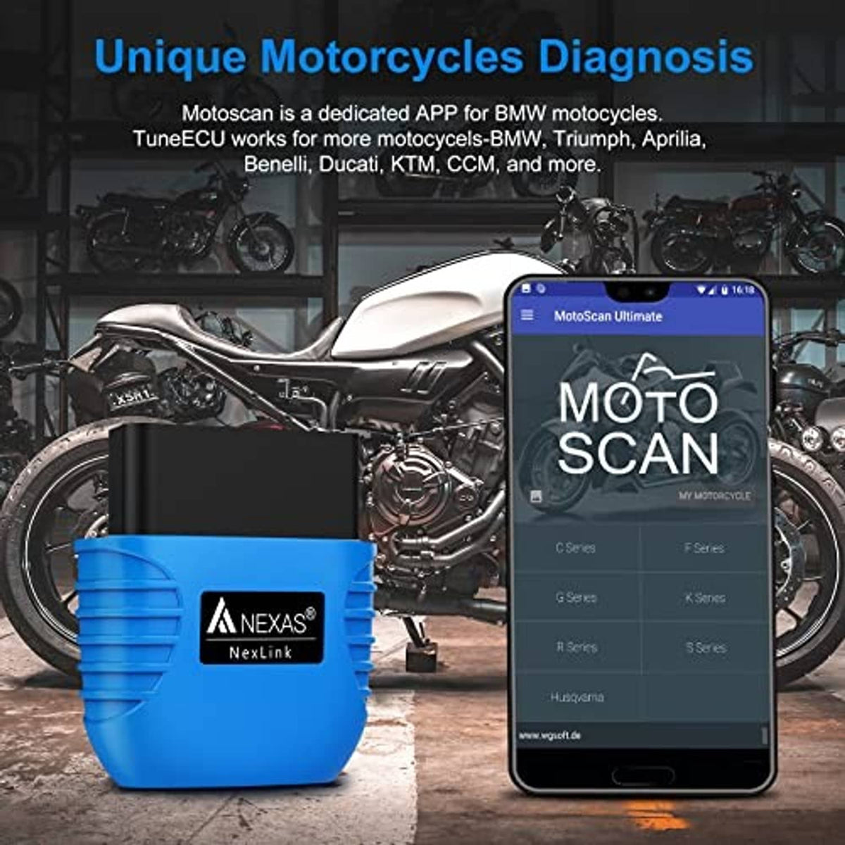 Blue Nexlink Bluetooth OBD2 scanner with smartphone displaying Moto Scan app screen.