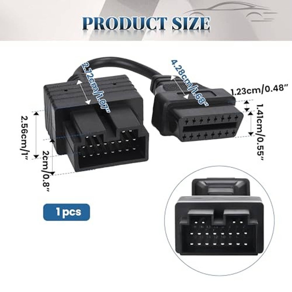 OBD diagnostic adapter cable with measurement diagram for two black connector ends