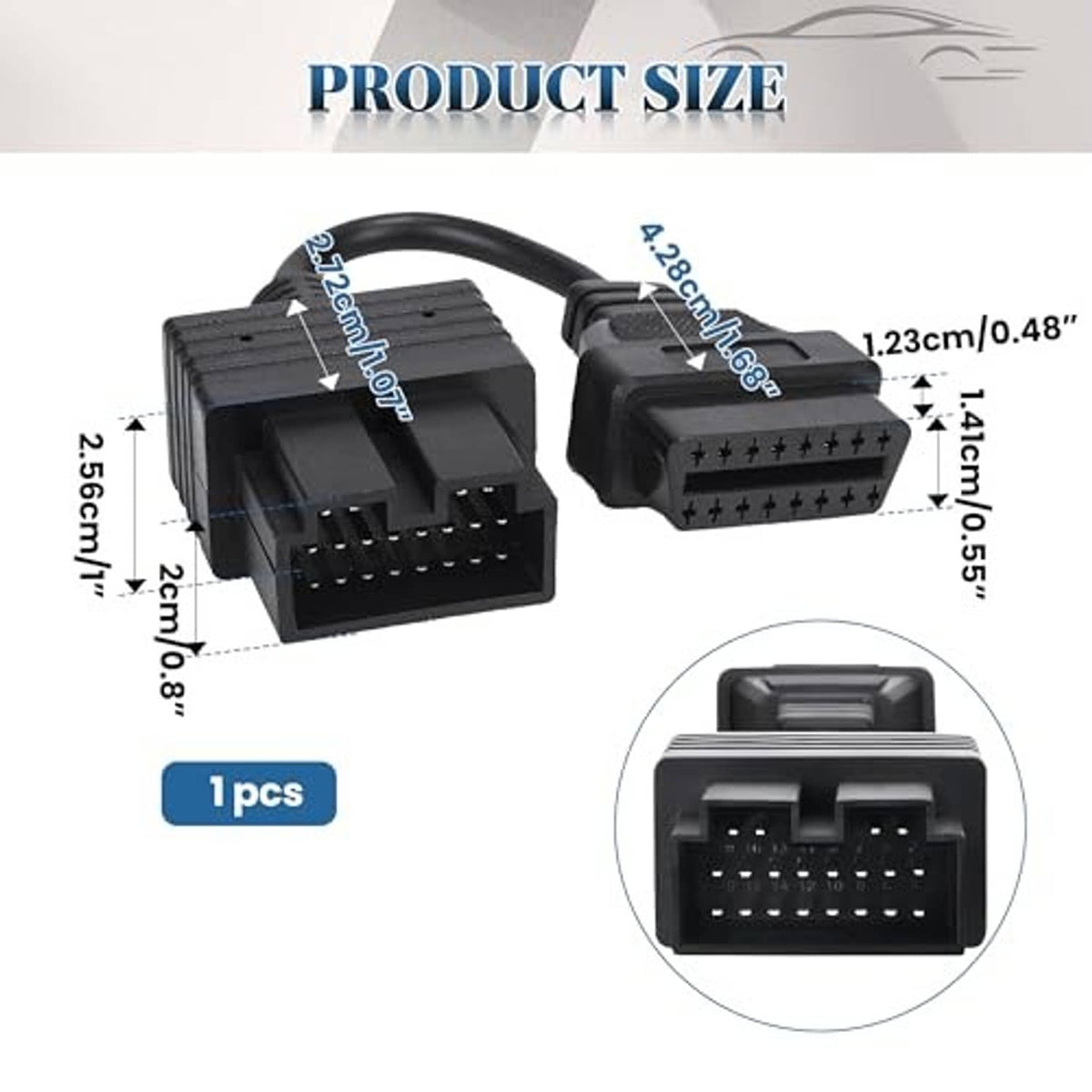 OBD diagnostic adapter cable with measurement diagram for two black connector ends