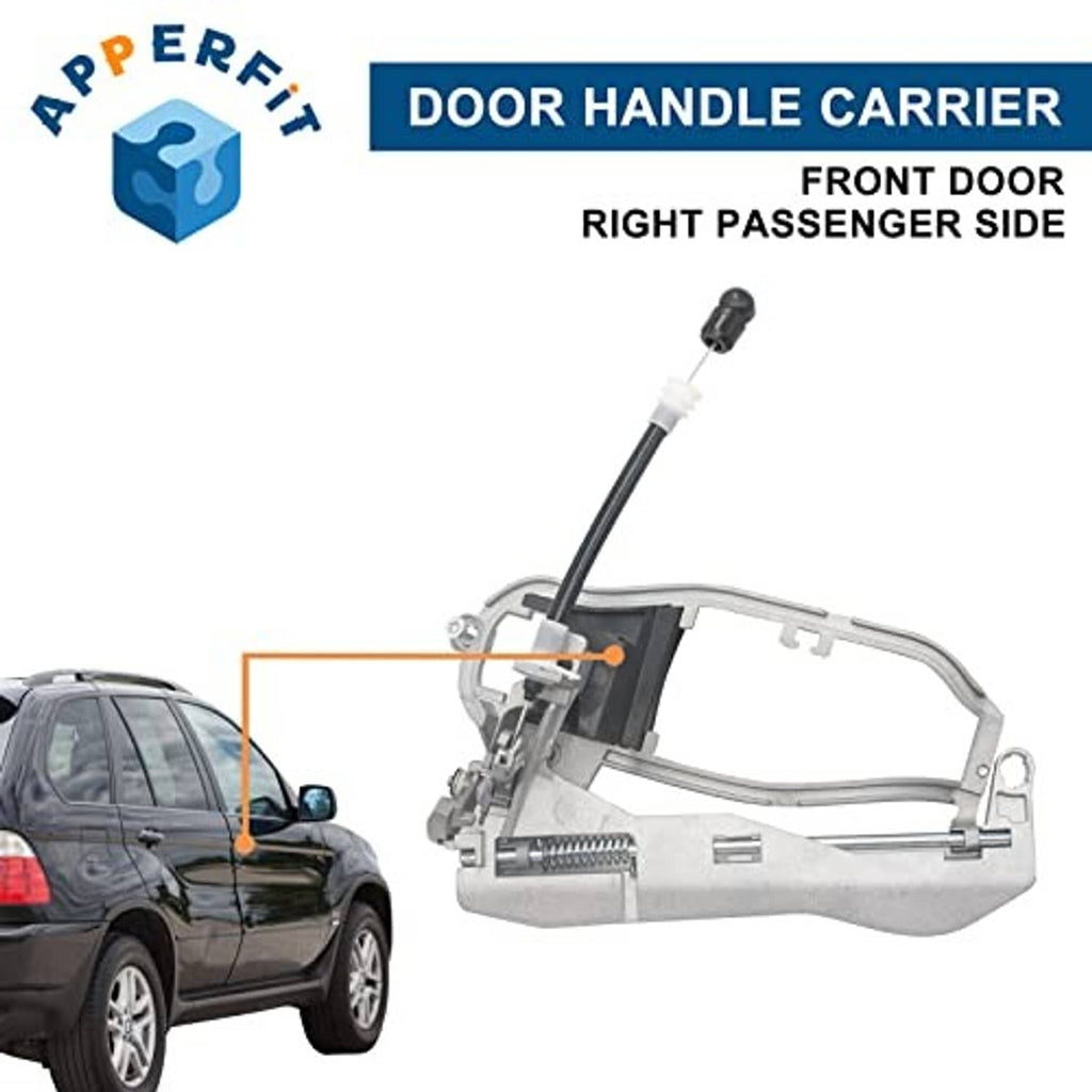 Front door handle carrier with long black rod and gray metal bracket