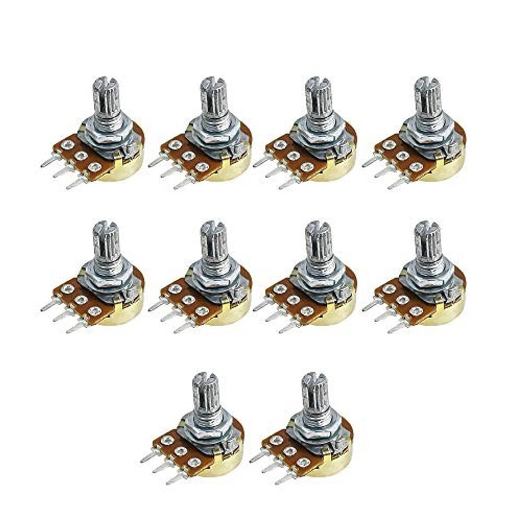 Rotary potentiometer pack with metal adjustment shaft and solder pin leads, multiple units