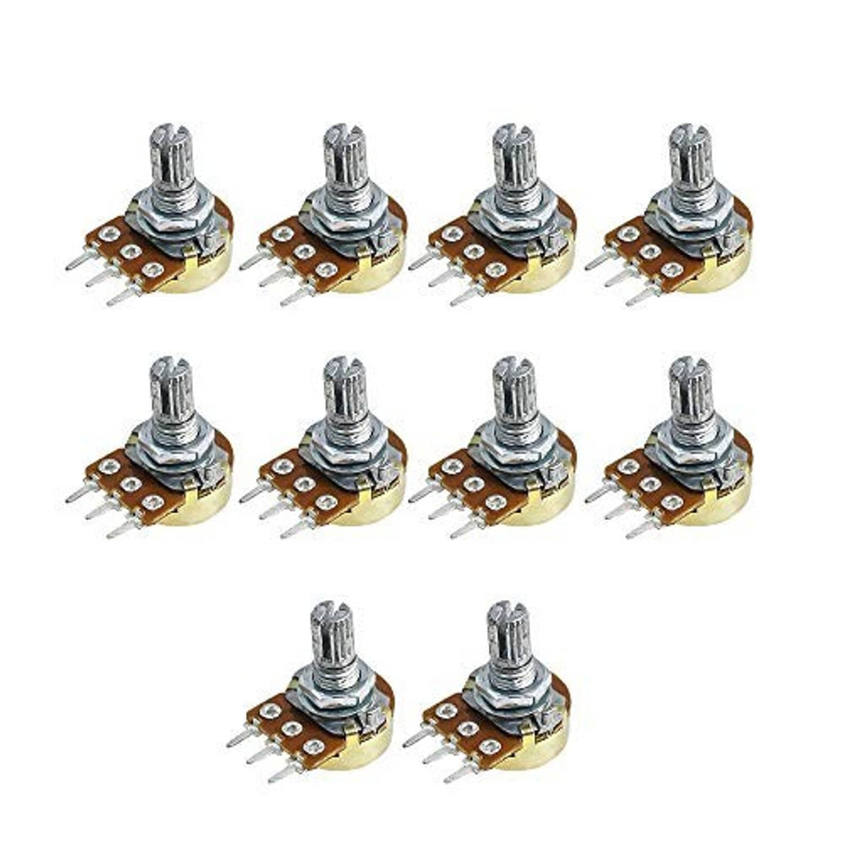 Rotary potentiometer pack with metal adjustment shaft and solder pin leads, multiple units