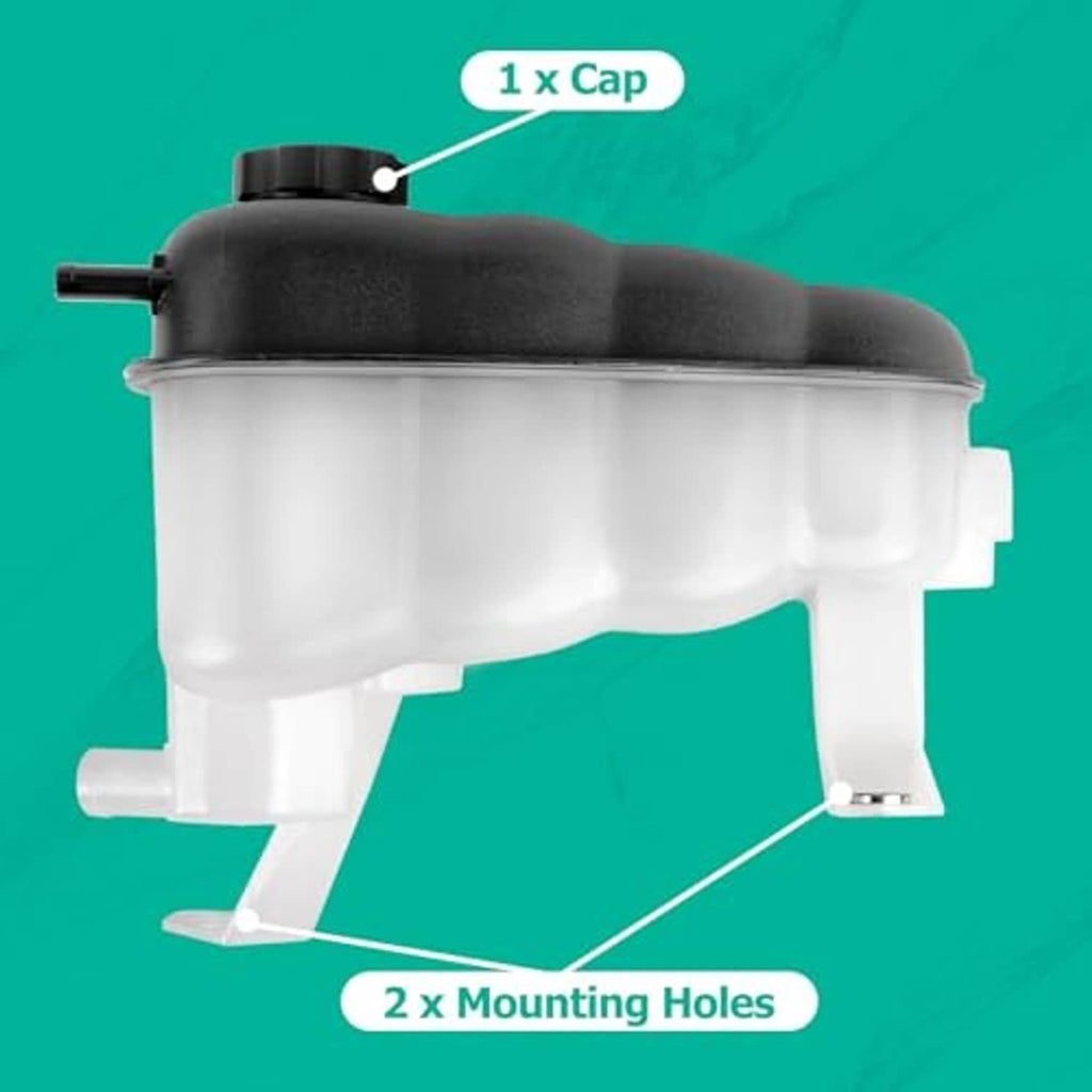 Engine coolant reservoir tank with cap, black top, translucent white body and mounting holes