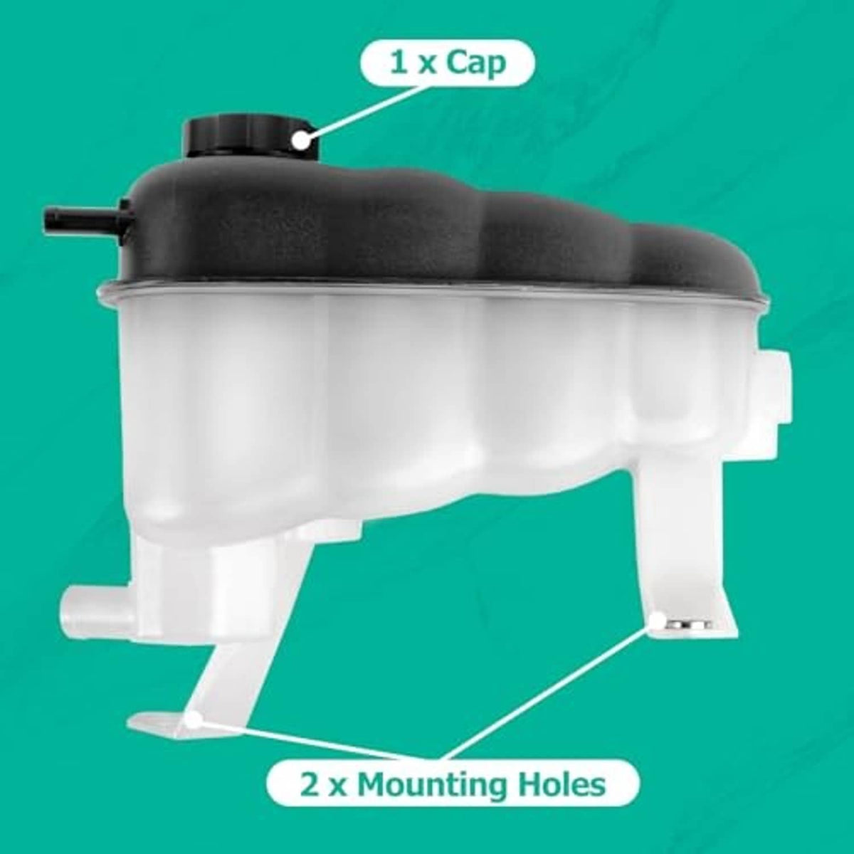 Engine coolant reservoir tank with cap, black top, translucent white body and mounting holes