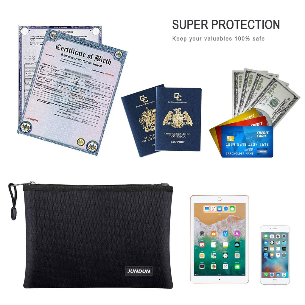 Black fireproof document bag with zip closure and JUNDUN logo, for organizing documents.
