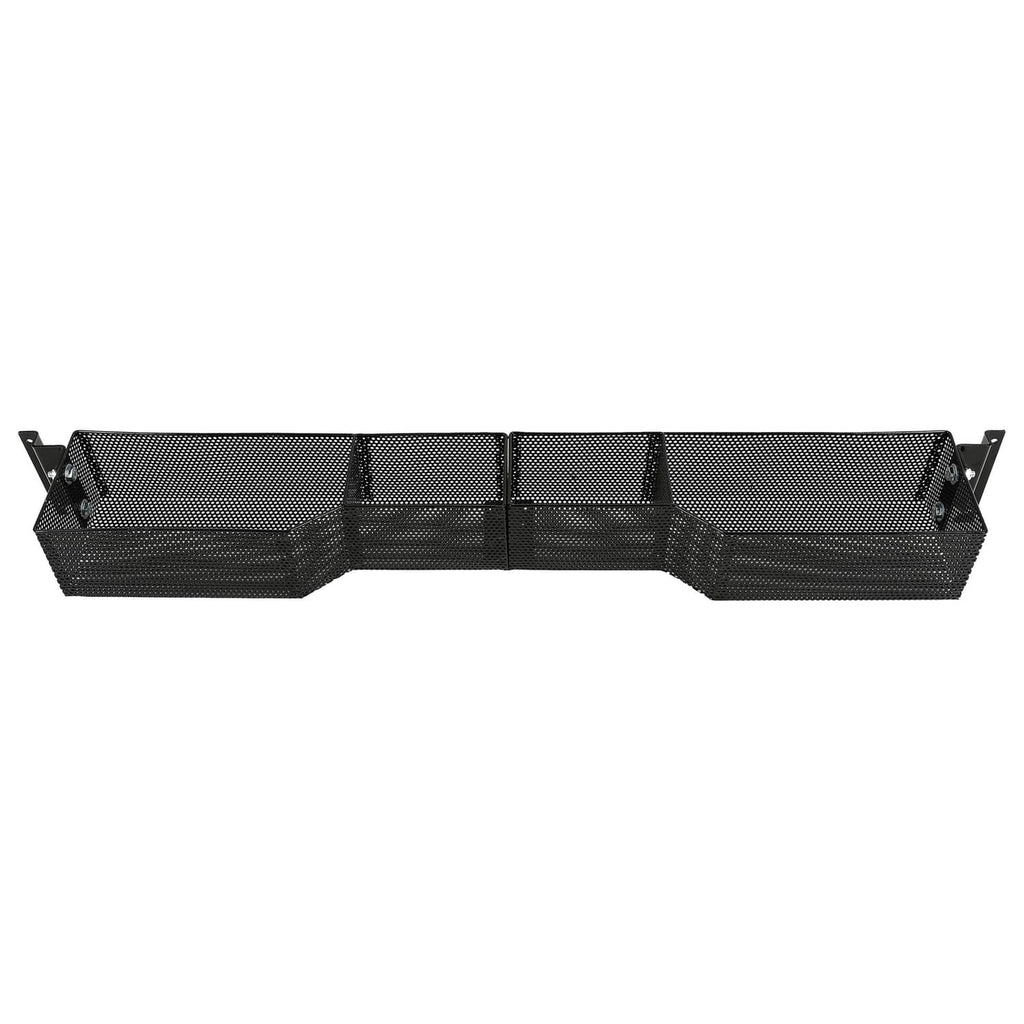 Black mesh front storage basket box with divided sections and end mounting brackets