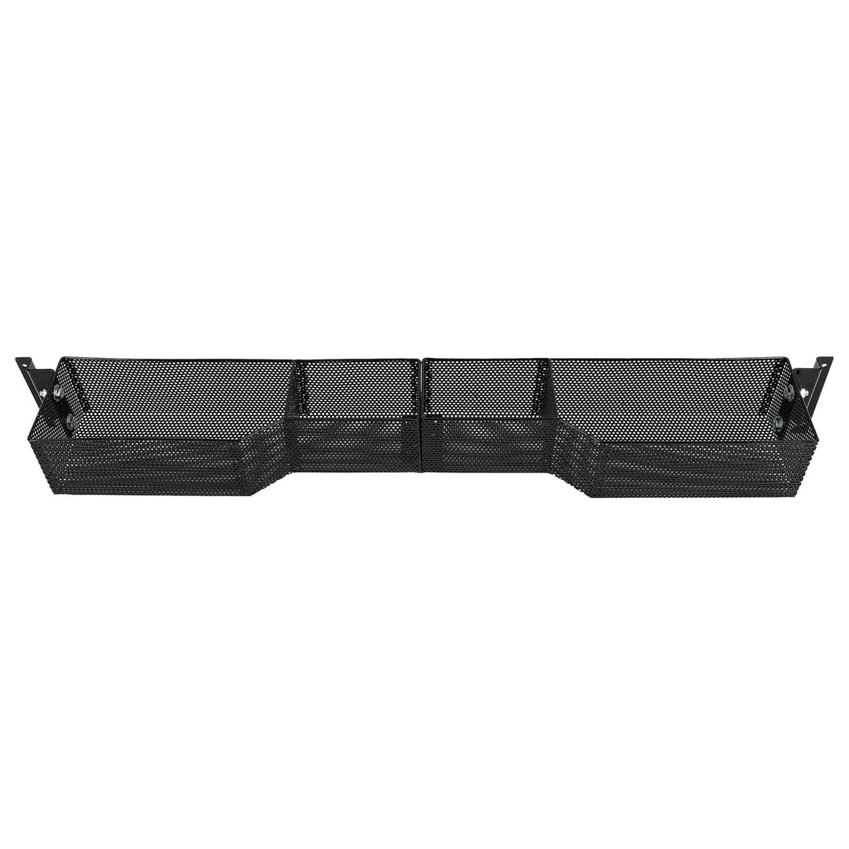 Black mesh front storage basket box with divided sections and end mounting brackets