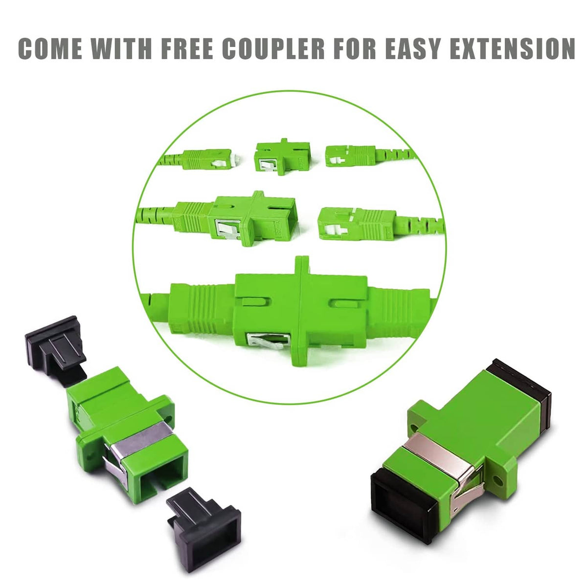 Armored fiber optic cable with green SC/APC coupler and connectors for easy extension