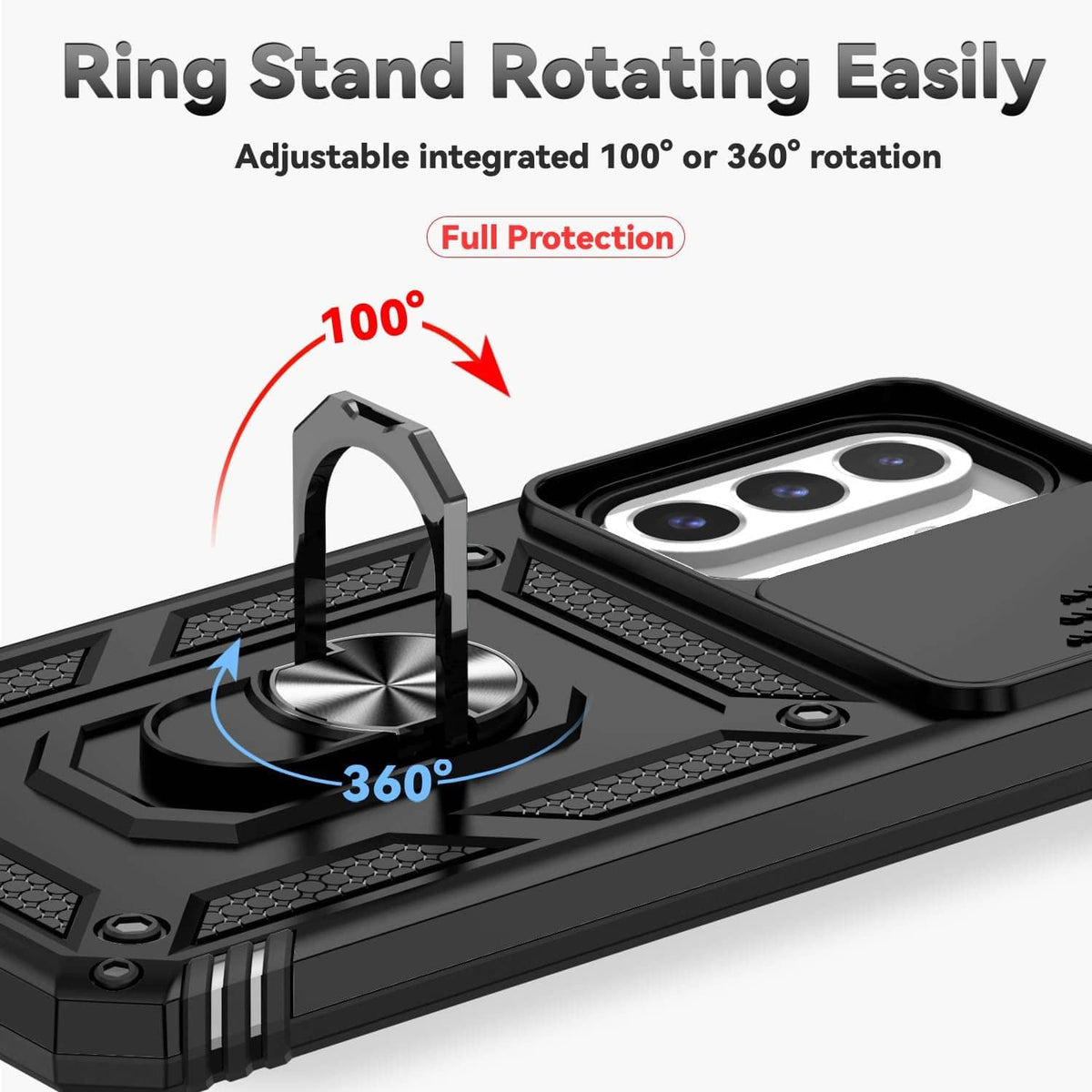 Black rugged phone case with rotating ring stand and camera cutouts, screen protection