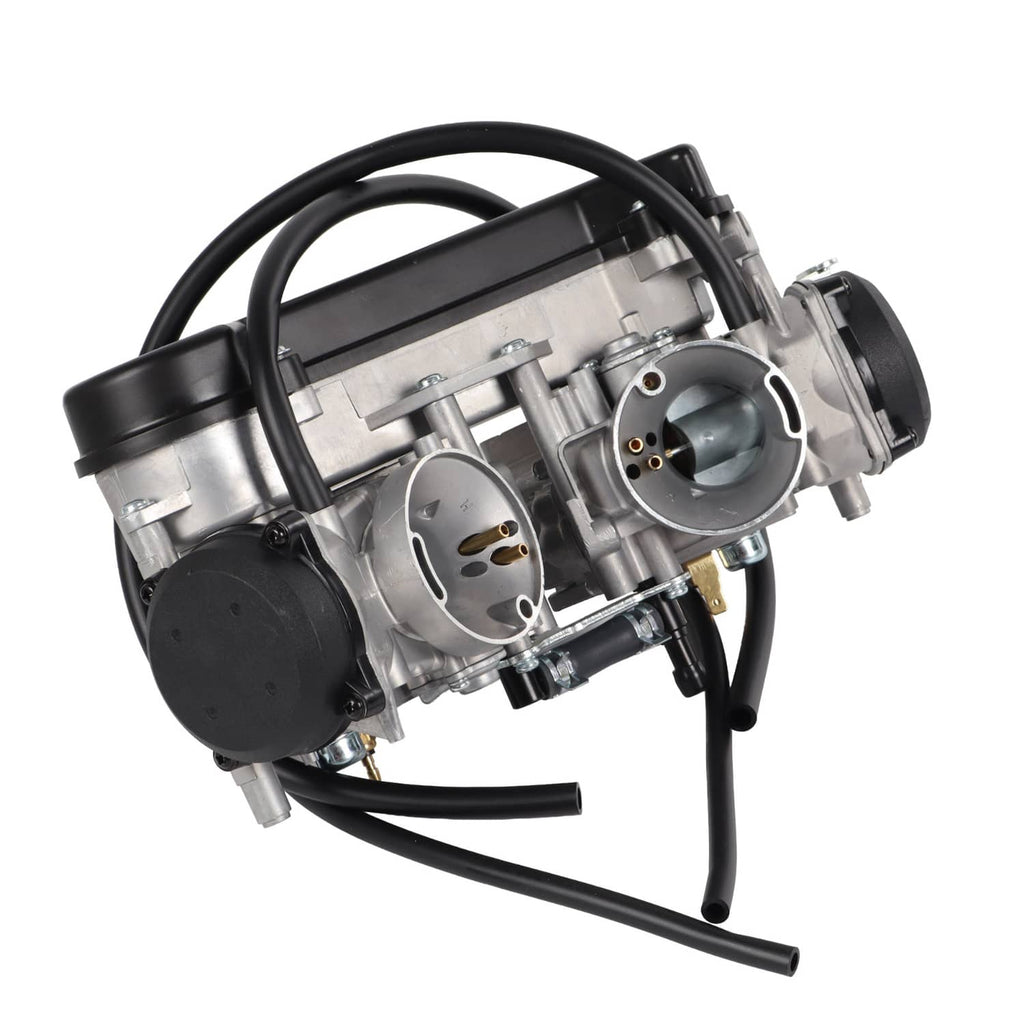 Dual carburetor assembly with two throttle bores, black cables, and silver housing