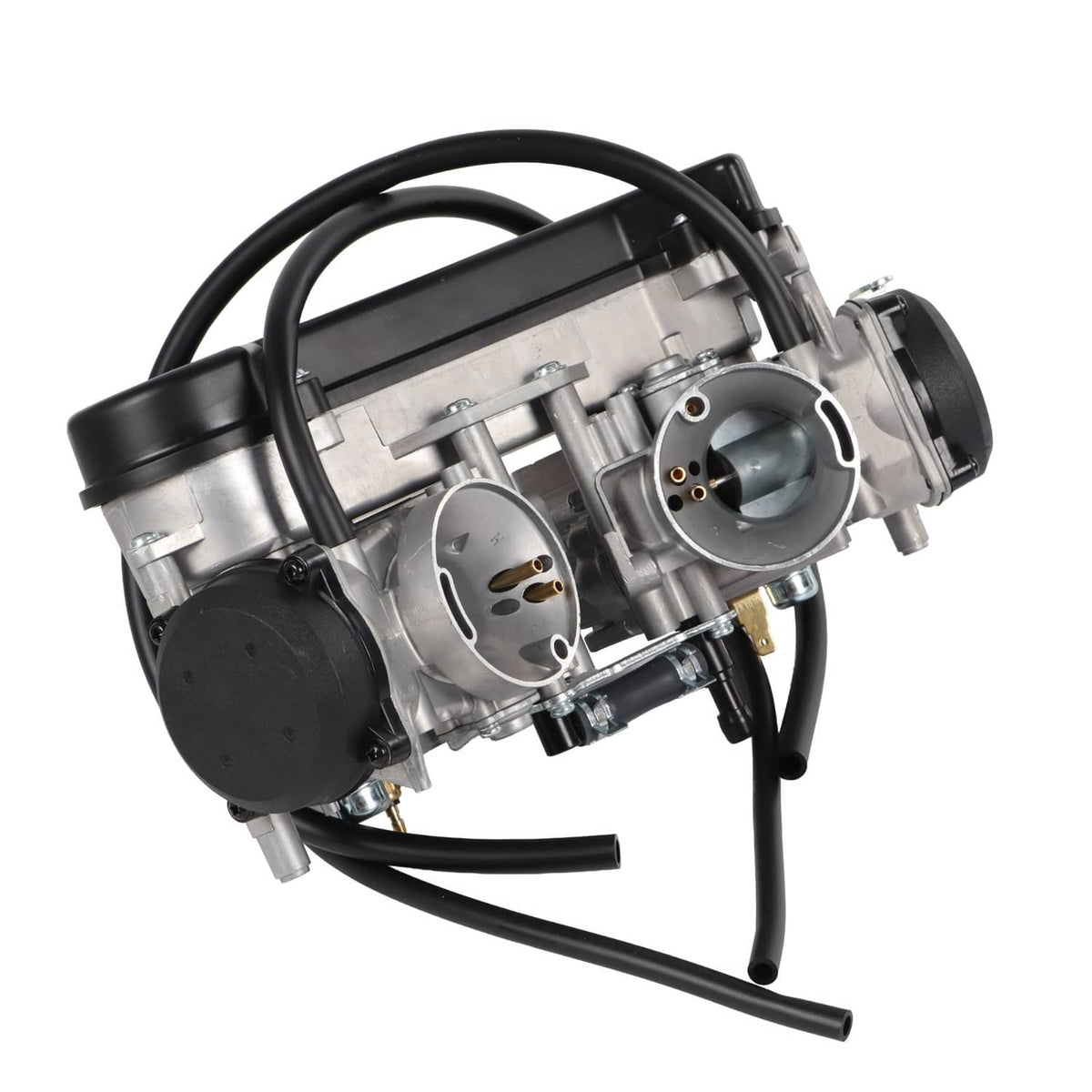 Dual carburetor assembly with two throttle bores, black cables, and silver housing