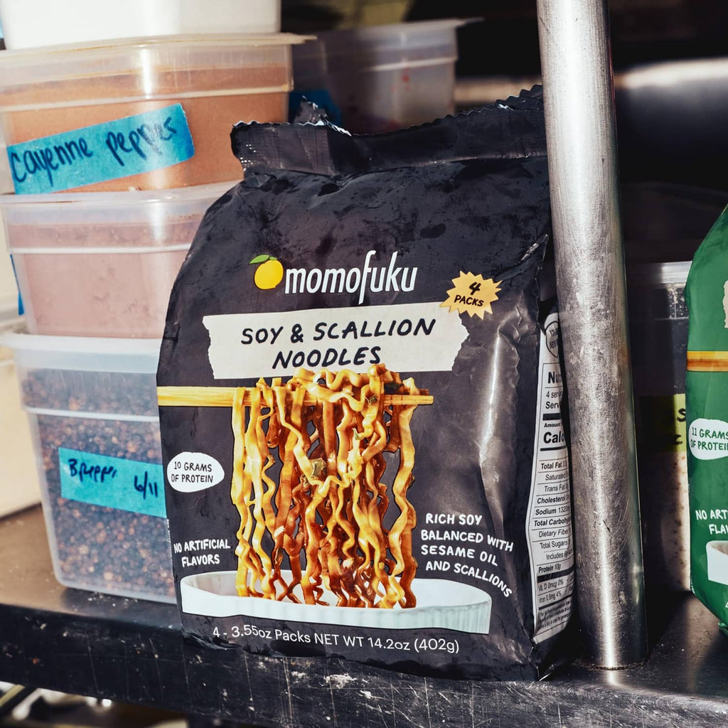 Soy and scallion ramen noodle packet with visible noodle strands inside