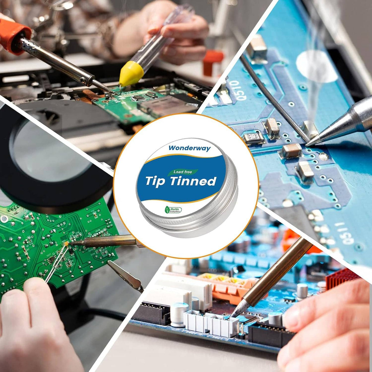 Soldering electronics use with Tip Tinned tin and soldering tools on circuit board