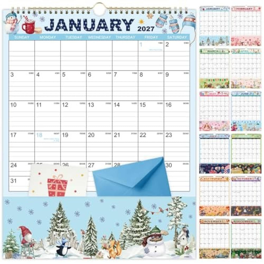 2027 wall calendar with pocket, January 2027 month grid and blue envelope