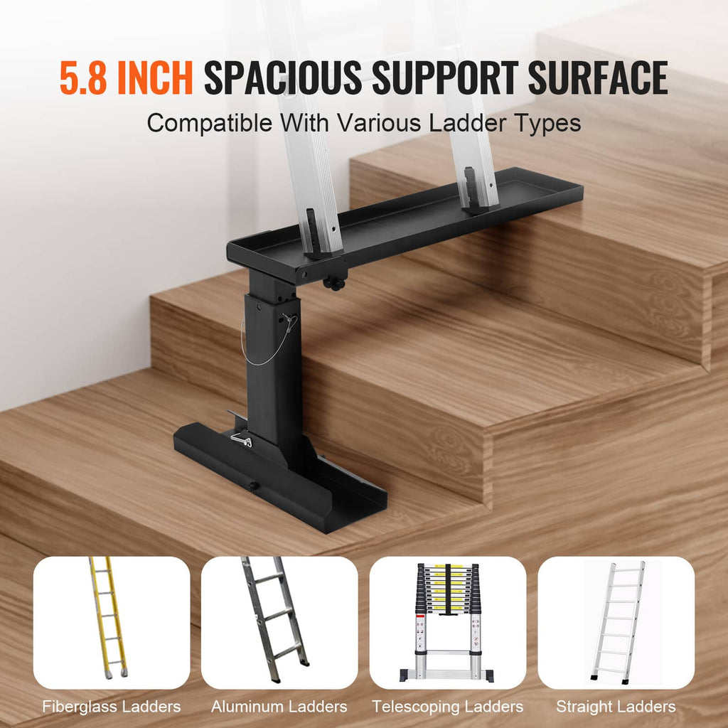 Black ladder stabilizer with wide support tray and adjustable height post