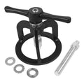 Black clutch spring compressor tool with lever handle, clamp ring, threaded bolt, washers