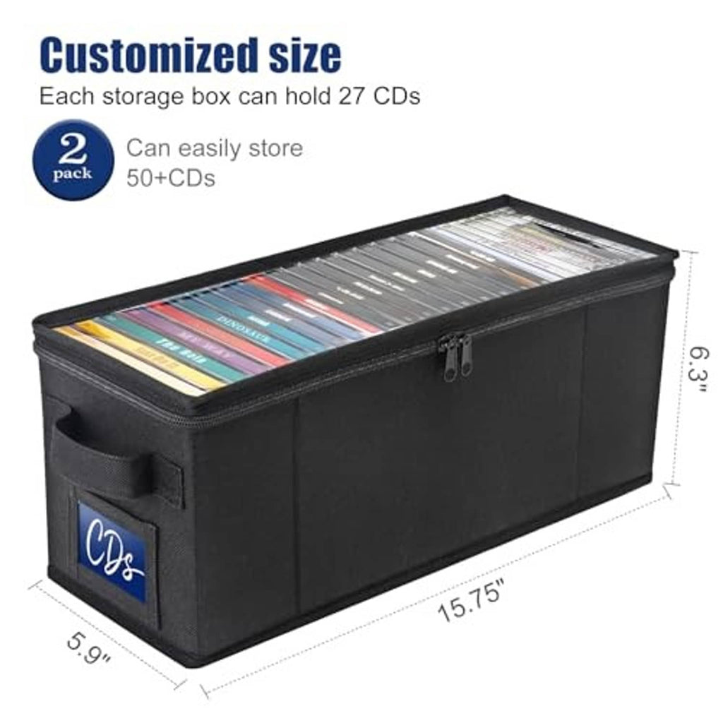 Black folding storage box with clear window and zipper closure, sized for CDs