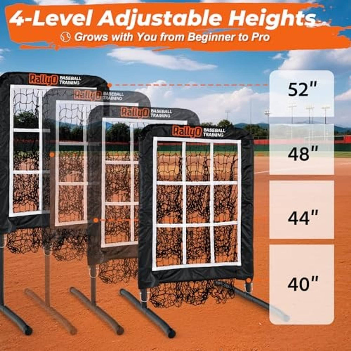 4-level adjustable baseball pitching net with black frame and white strike-zone grid