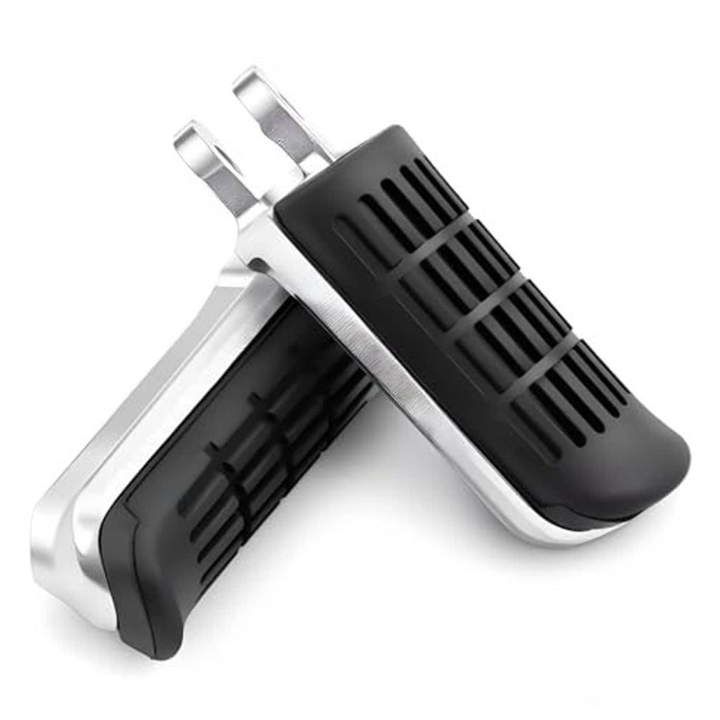 Motorcycle footrest pair: black rubber tread with silver side mounting frames