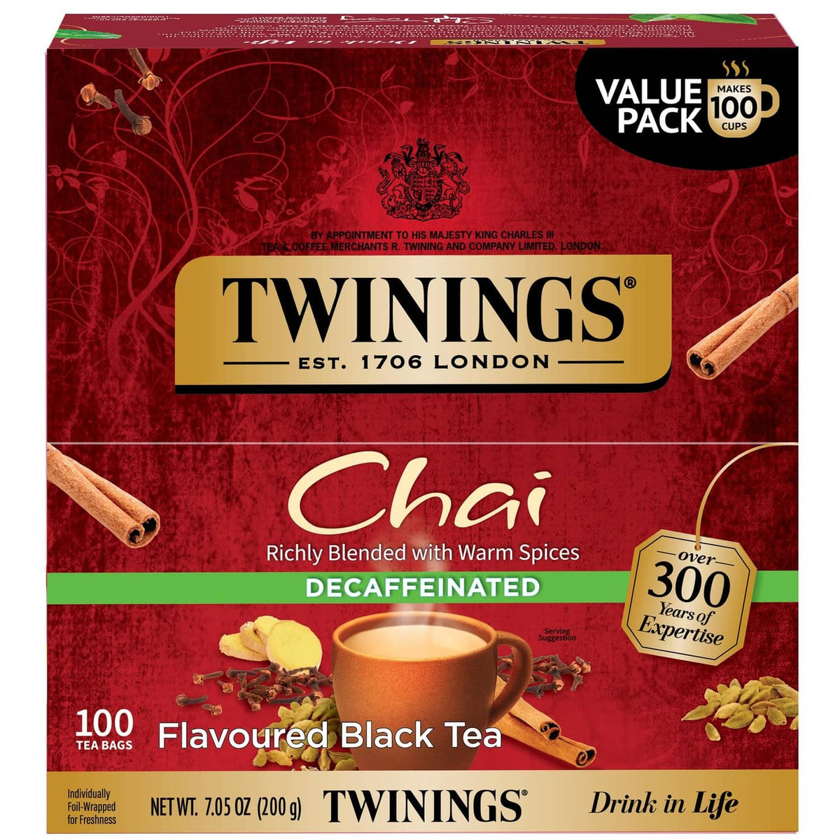 Twinings Chai decaffeinated black tea bags box, value pack of 100 cups