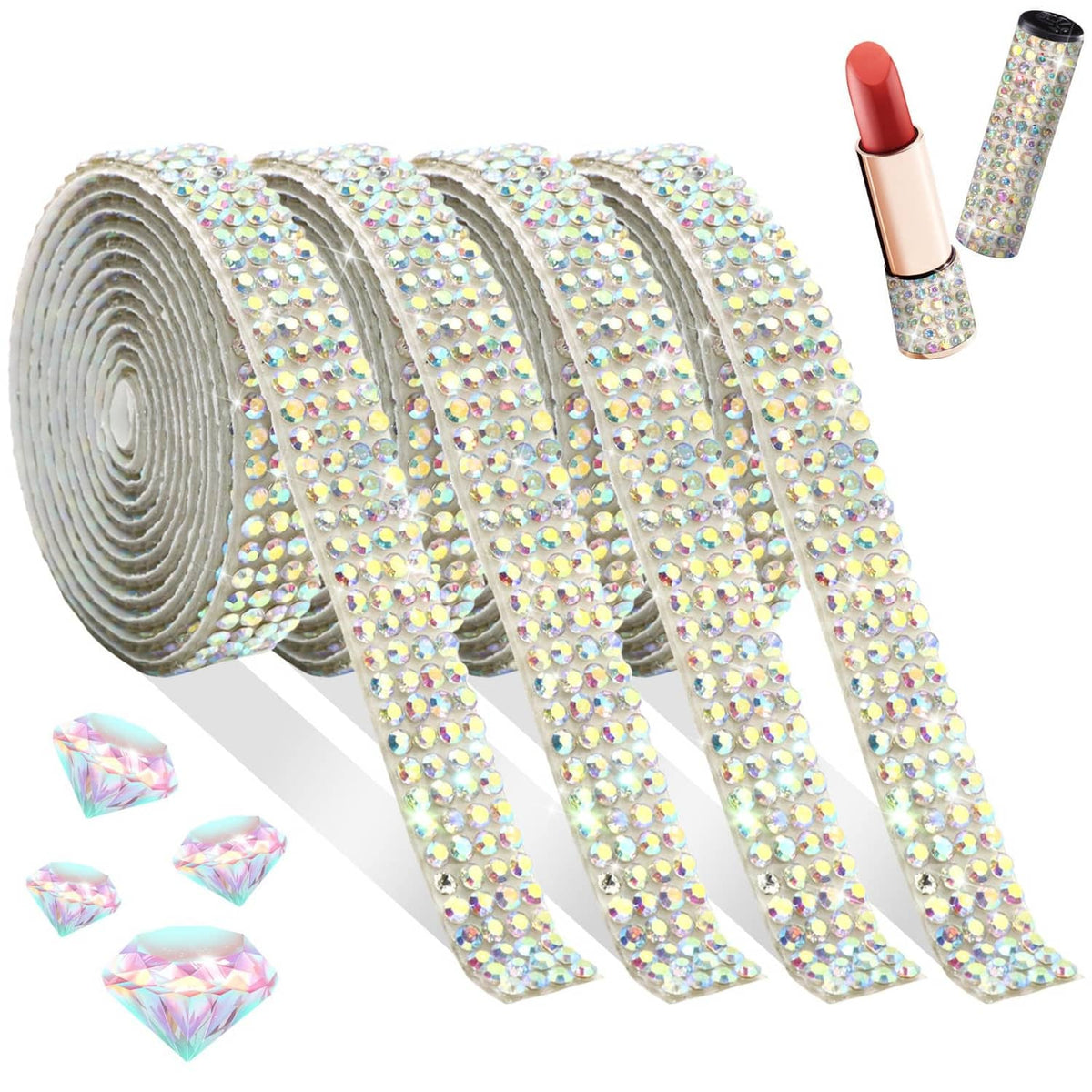 Self-adhesive rhinestone ribbon roll with iridescent AB crystals on white tape