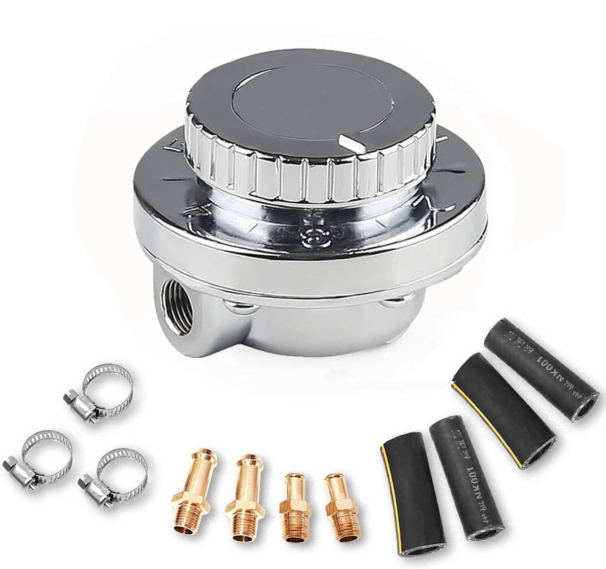 Chrome adjustable fuel pressure regulator with round selector knob and side fuel port