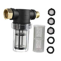 Black inline pressure washer water inlet filter with clear cylindrical screen and gold fittings