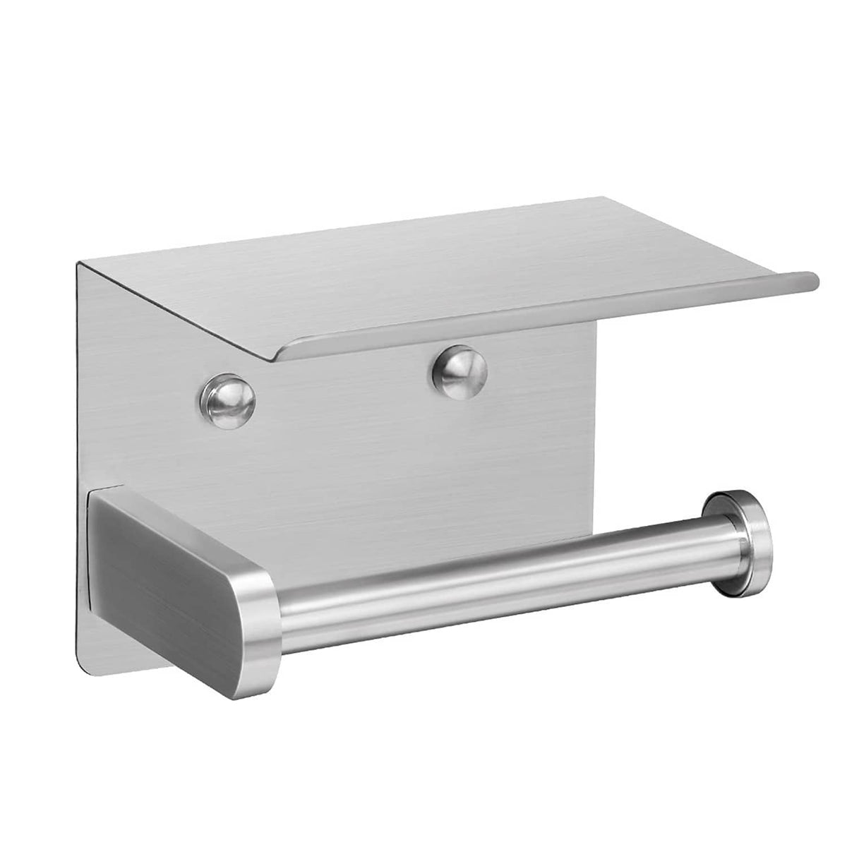 Stainless steel self-adhesive toilet paper holder with phone shelf, brushed silver finish