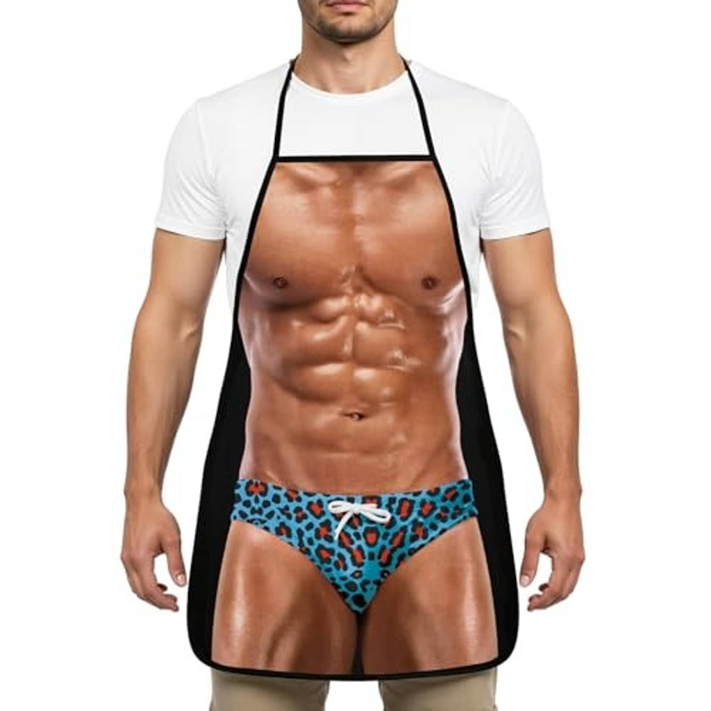 Black cooking apron with printed muscular torso and blue leopard thong front