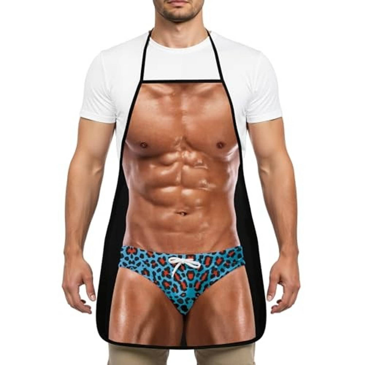 Black cooking apron with printed muscular torso and blue leopard thong front