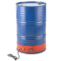 55-gallon drum heater wrap with orange controller on a blue metal drum