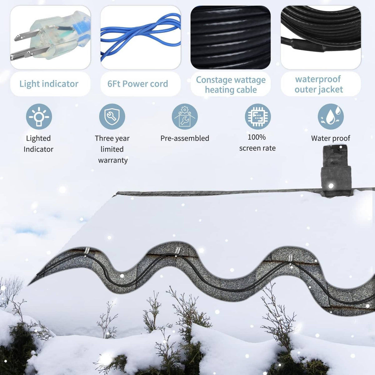 Weatherproof heating cable with blue power cord, waterproof outer jacket, and light indicator