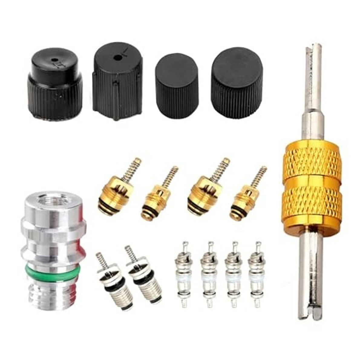 Air conditioning valve core removal kit with tool handle, black caps, and silver core fittings