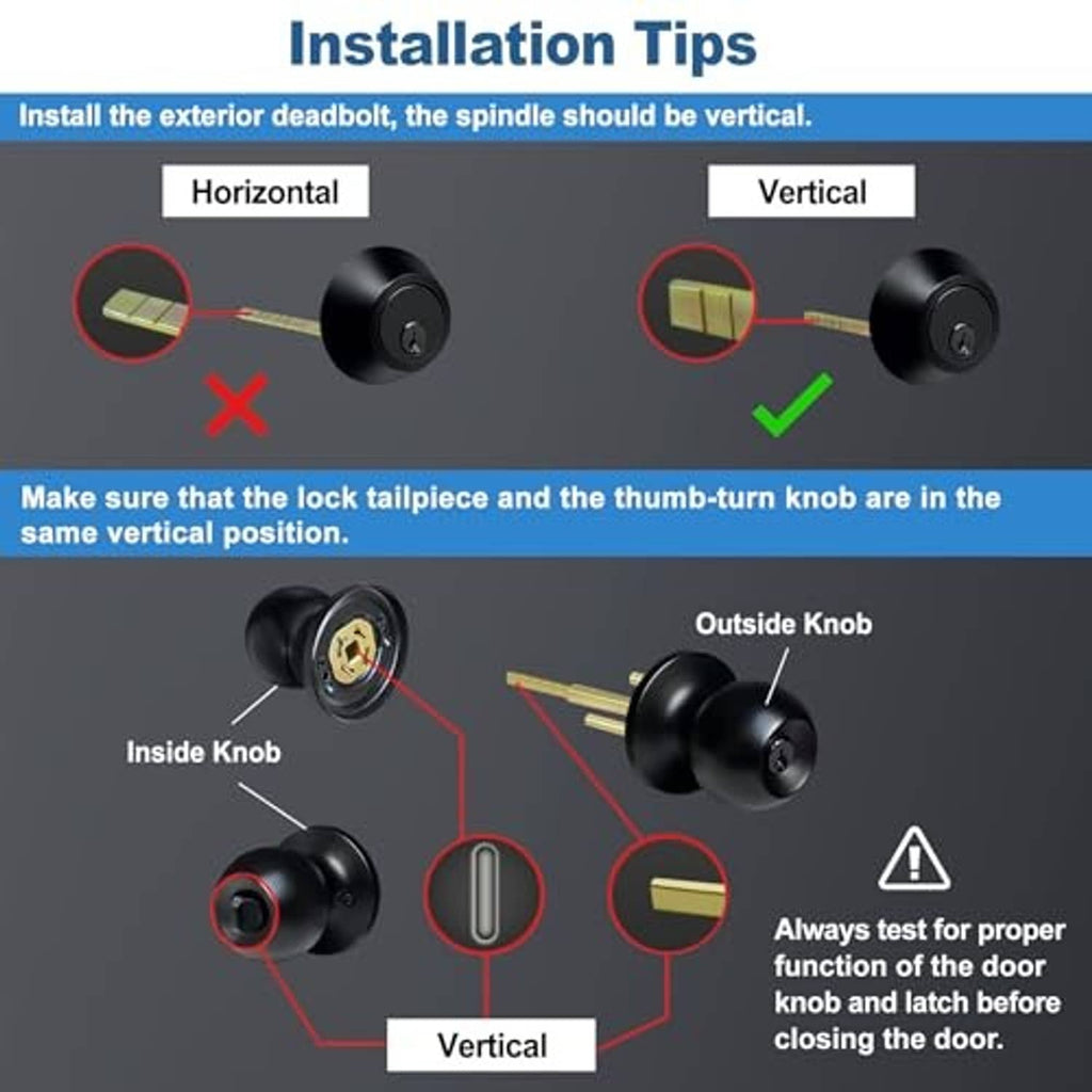Matte black deadbolt and door knob lockset showing vertical spindle alignment
