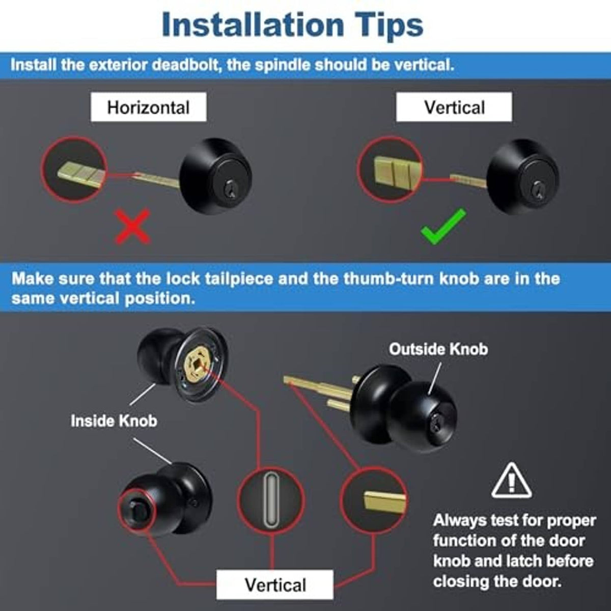 Matte black deadbolt and door knob lockset showing vertical spindle alignment